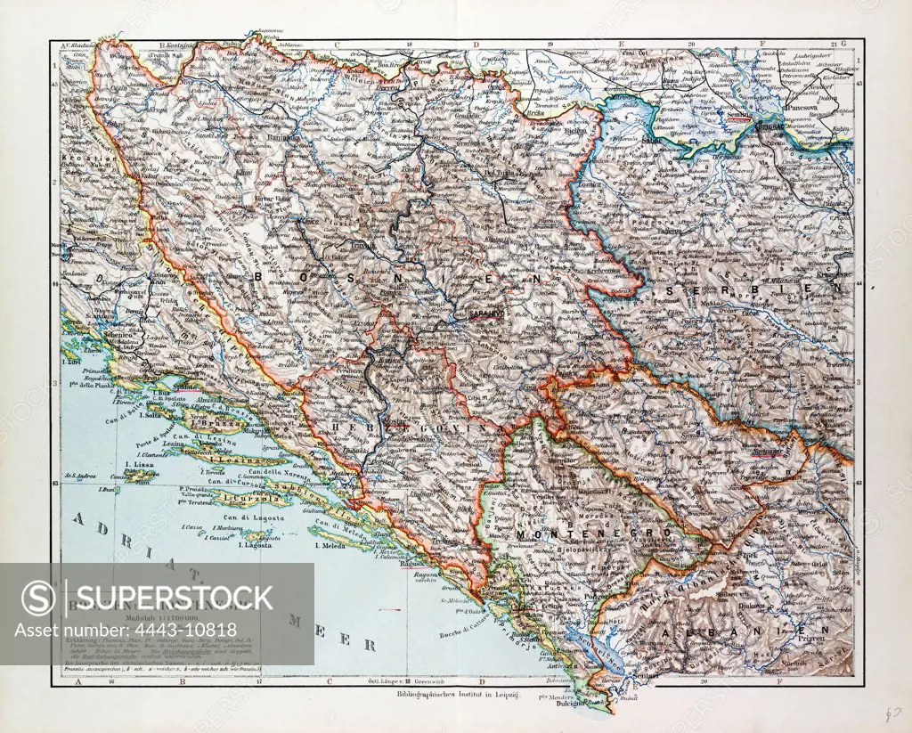 MAP OF BOSNIA AND HERZEGOVINA, MONTENEGRO, SERBIA, 1899