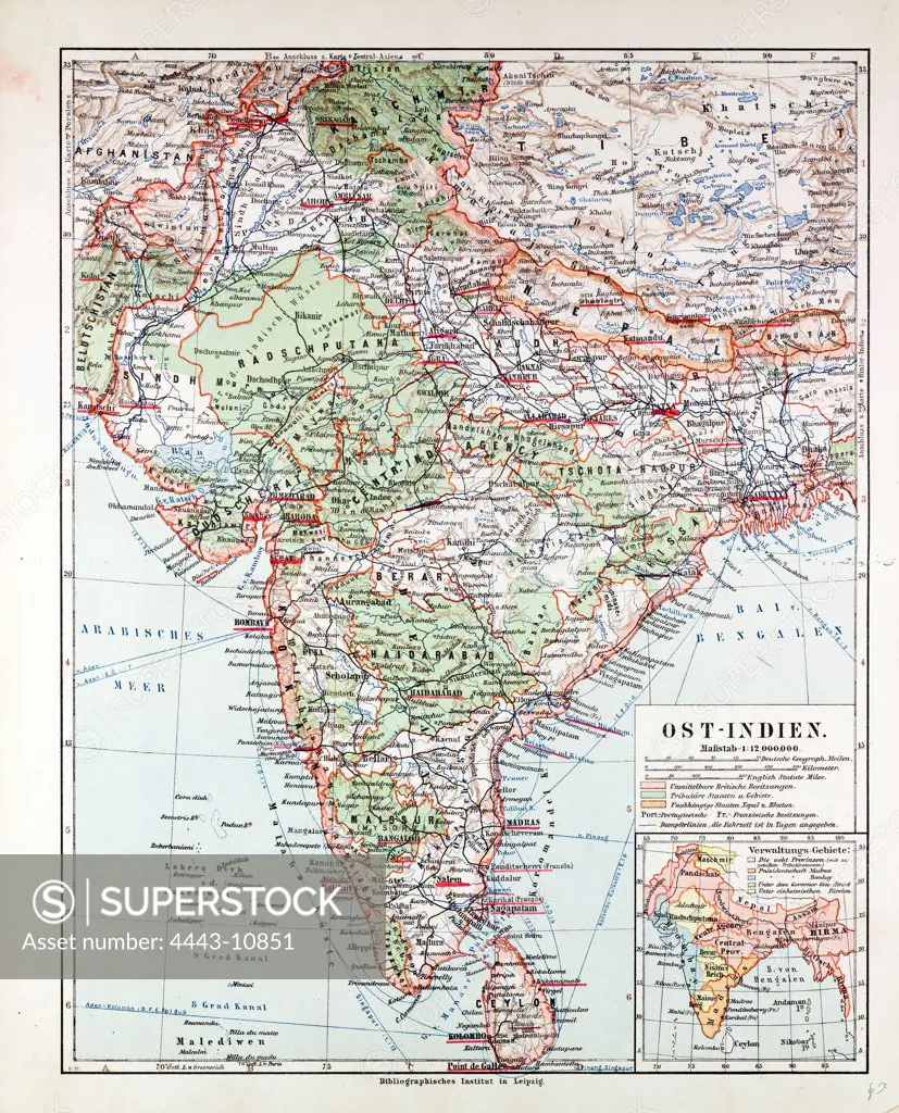 MAP OF INDIA, PAKISTAN AND TIBET, 1899