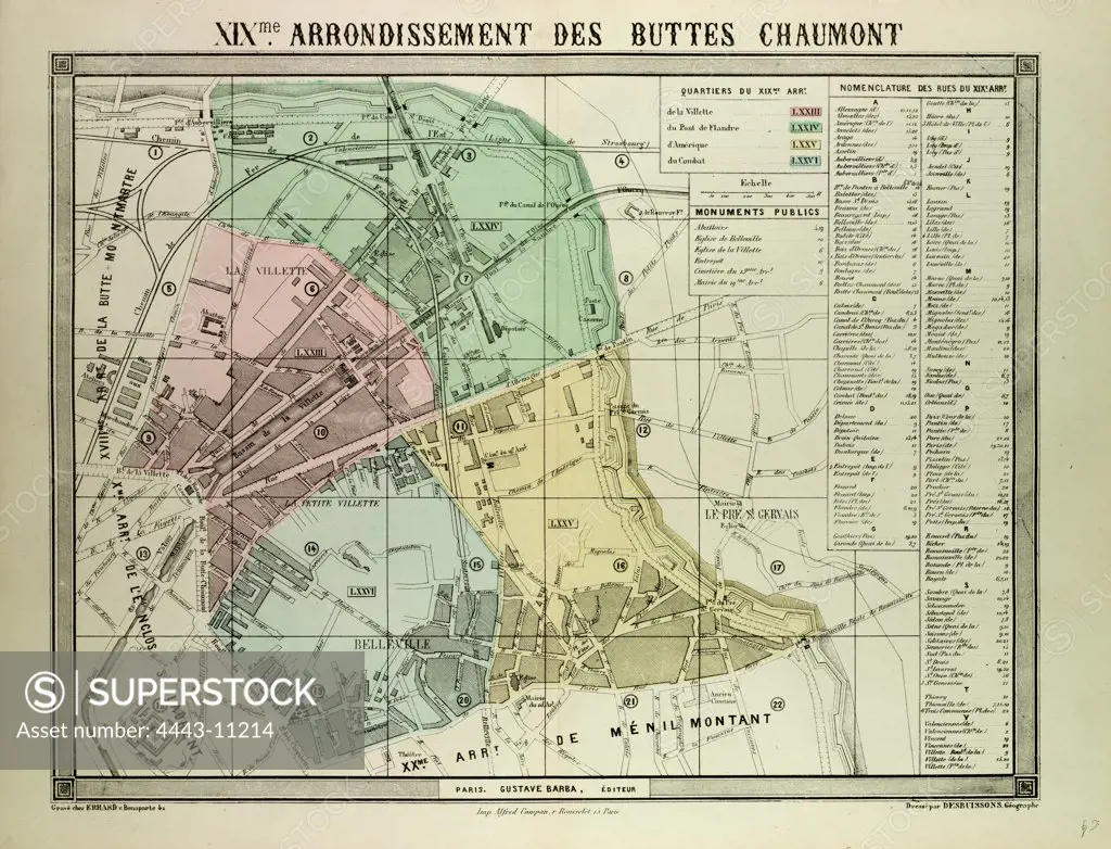 MAP OF 19TH ARRONDISSEMENT DES BUTTES CHAUMONT, PARIS, FRANCE