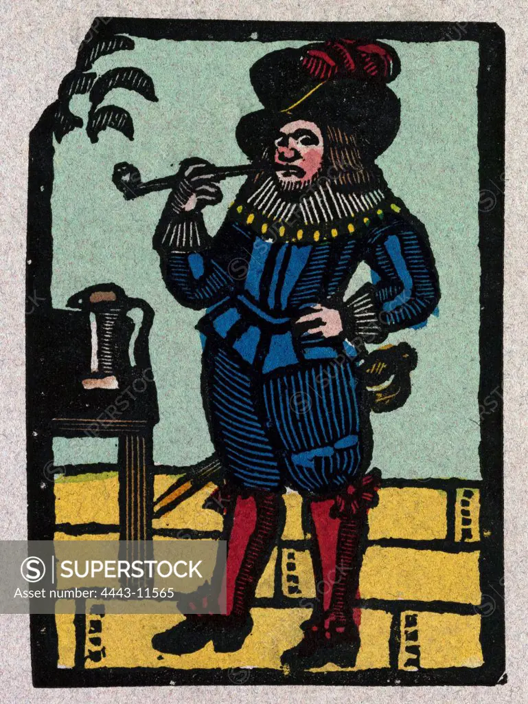 illustration of English tales, folk tales, and ballads. A man wearing colourful clothes and smoking a pipe
