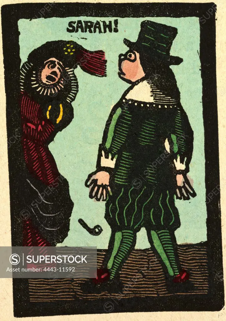 illustration of English tales, folk tales, and ballads. Sarah with a man. A pipe falling on the floor.