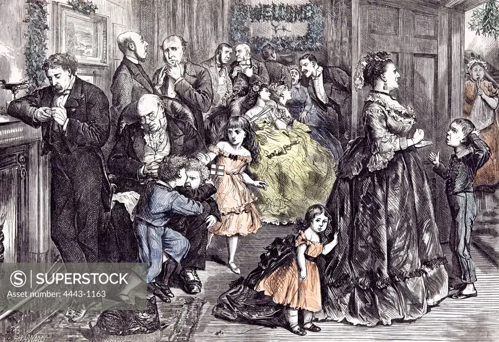 The Half Hour Before Dinner; Barnard; Children; 1871; England, playing; fighting; interior; at home; party; near the fire place; fashion; room; cat; strict; doubt; punishment; anger; aggression; mistletoe