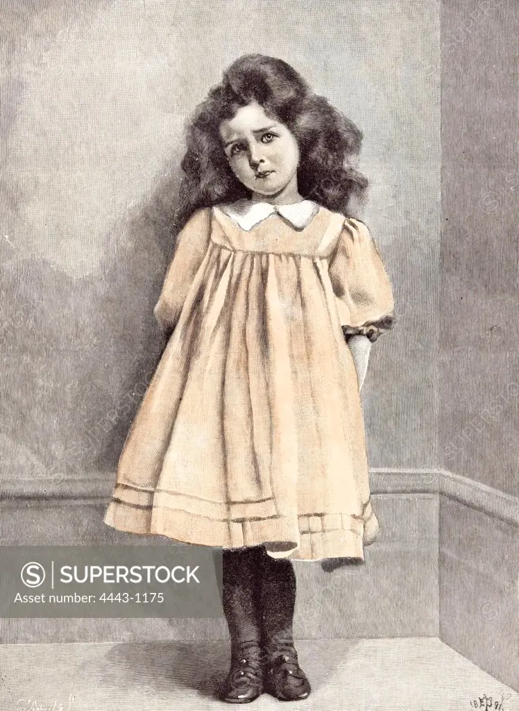 I'm Good Now; E. Patry; 1892;, girl, corner; shy; dress; white collar; puff sleeve; puffed sleeve; bushy hair;
