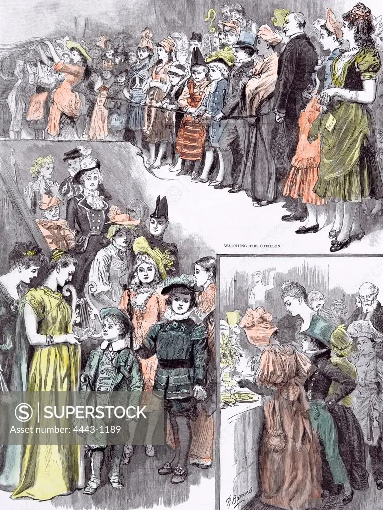 The juvenile fancy dress ball in 1891, watching the cotillon; after supper coming down the stairs; supper time; happiness; joy; straw hat; happiness; joy; cheerful; joyful; joyous; merry; paradise; cheery; rosy; hop; mingle; reception; bal costume; laughter; fun; enjoyment; delight; entertaining; fancy dess;