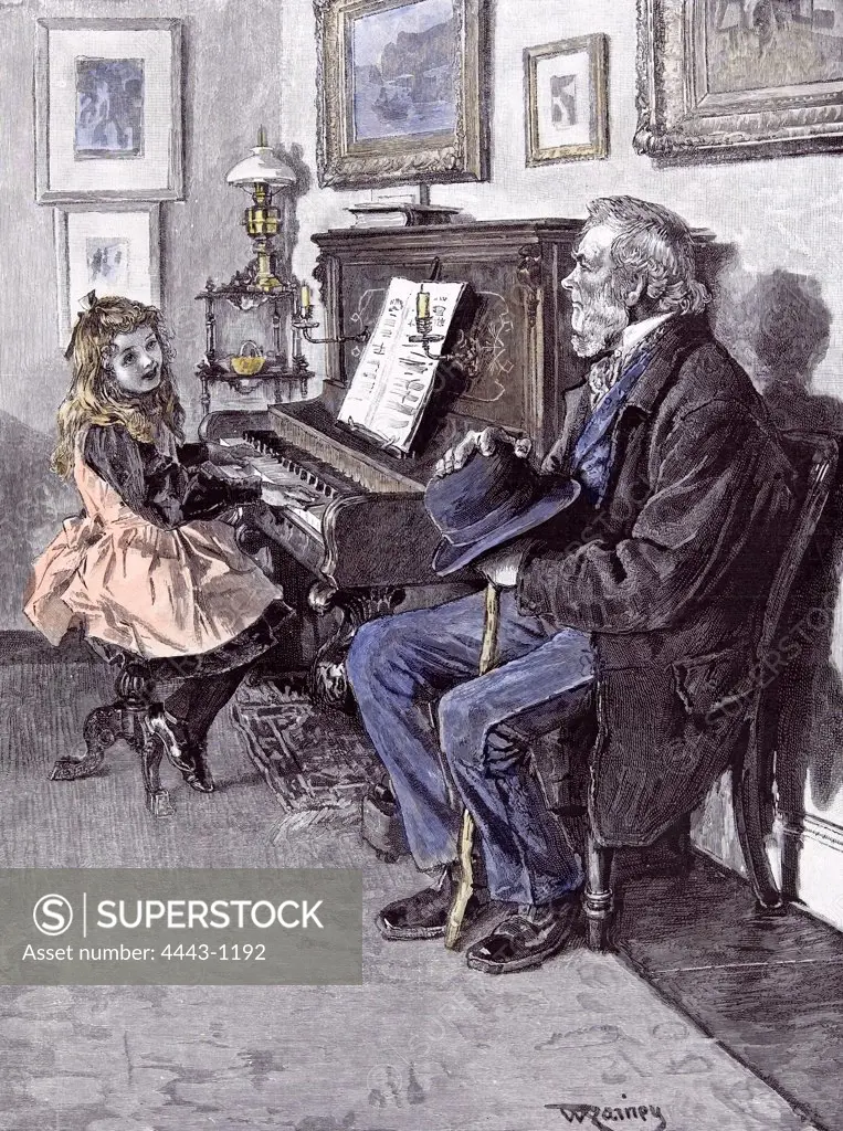 Girl at the piano in 1891, grandfather; old man; hat, walking stick; music, paintings, interior; room; oil lamp; candle; sound; play piano; sheet music; rug; fashion; singing; enjoying; happines; delight; pleasure; performance; composition;