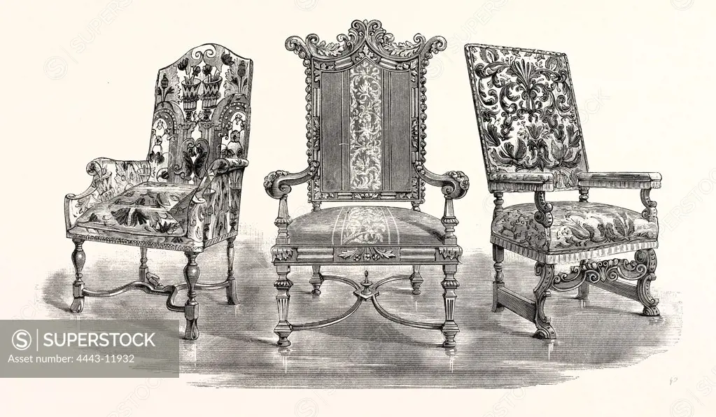 Stuffed-backed Chairs, temp. William. III. FROM HAMPTON COURT. FROM HARDWICK HALL. FROM KNOLE. UK, britain, british, europe, united kingdom, great britain, european