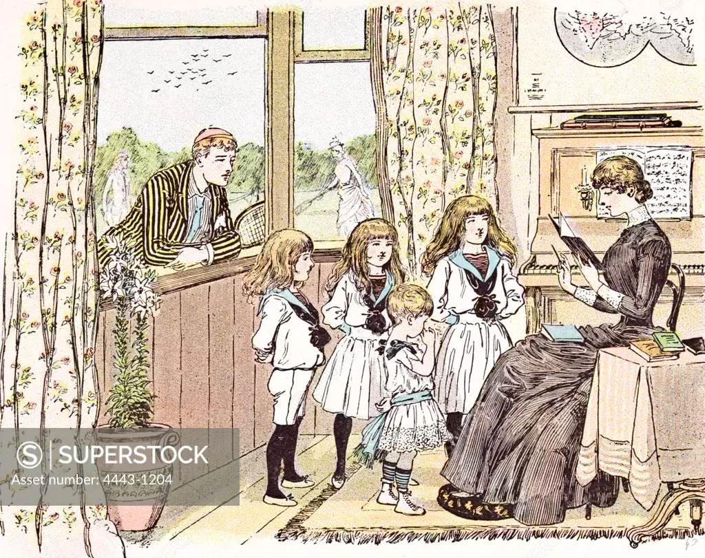 In love with the governess in Britain, 1892, by Mars, reading