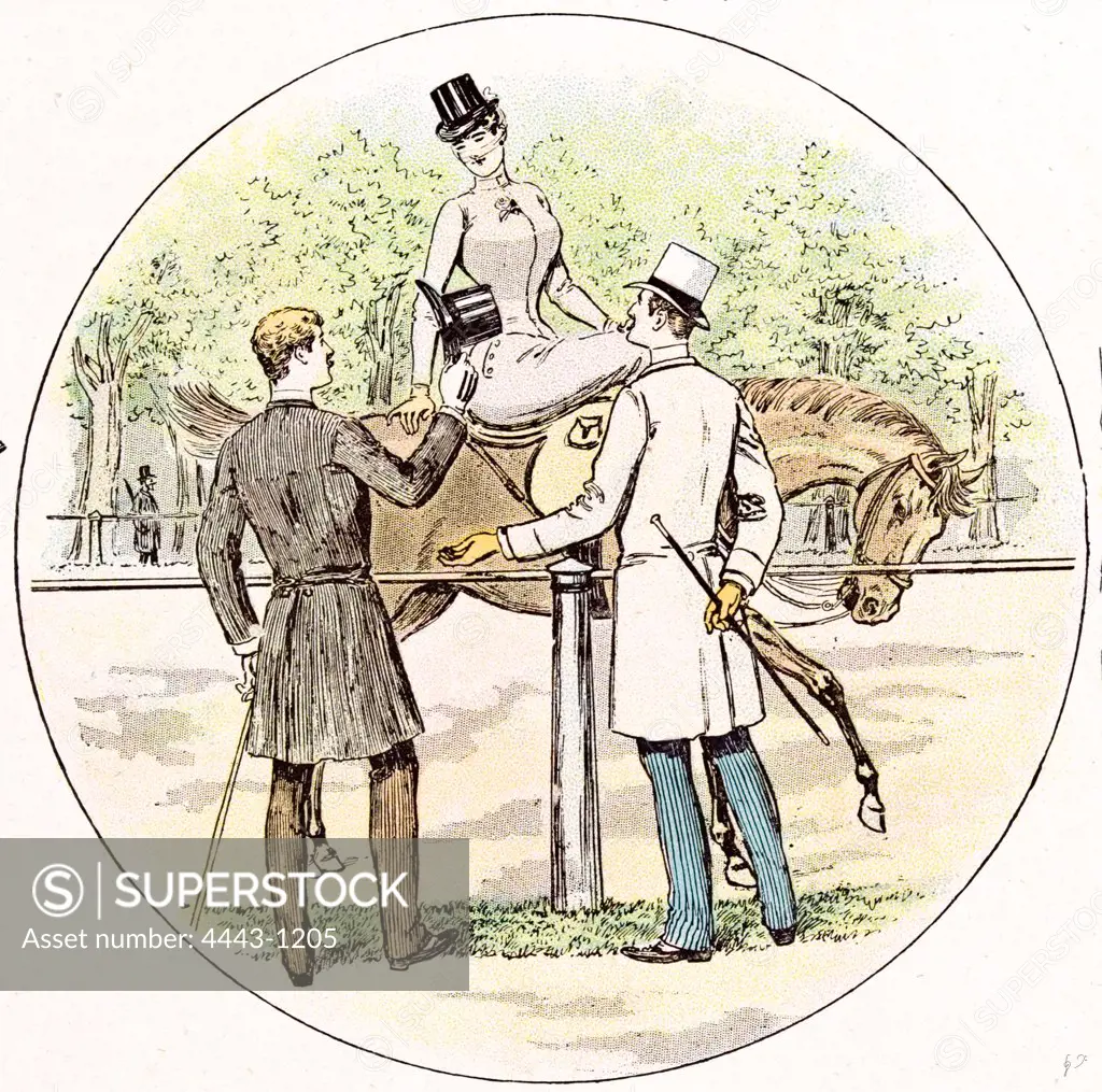 Lady on her horse in 1892, Britain, by Mars, horse riding; gentlemen; costume; fashion; hat; stick; clothing; outdoors; sport; romance; love; veil; top hat;