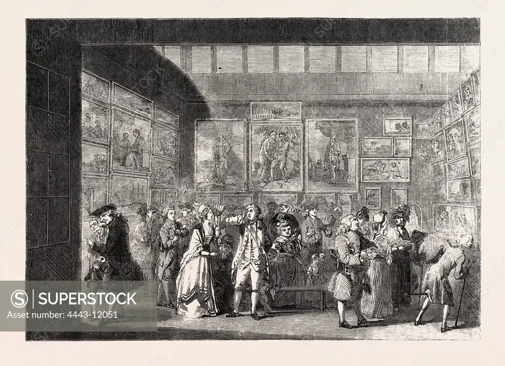 INTERIOR OF THE OLD ROYAL ACADEMY IN PALL MALL, REPRESENTING THE EXHIBITION OF 1771, LONDON, UK