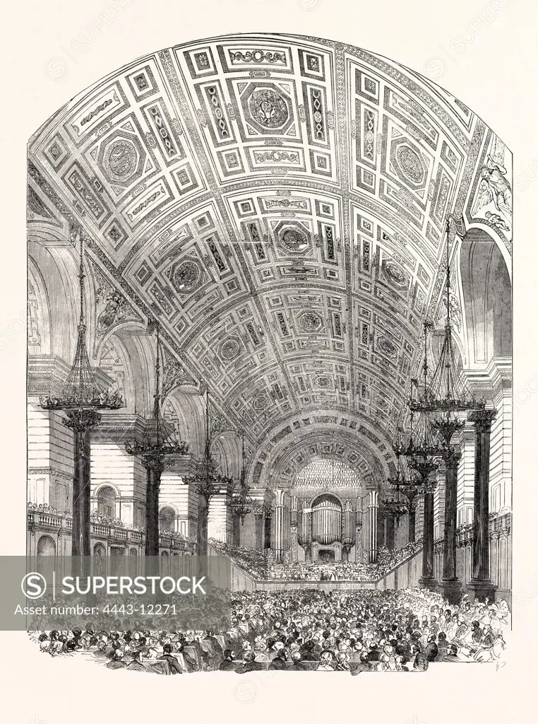 INTERIOR OF ST. GEORGE'S HALL, LIVERPOOL, FROM THE SOUTH, PERFORMANCE OF THE FIRST ORATORIO, 1854