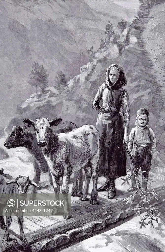 Norway, the Family cows by Sydney P. Hall, 1891, wooden bridge; mother; son; rural; farm; country side; ma; mamma; mom; mommy; mountains; walk; rail less plank bridge; mountain torrent; branch in hand; flocks and herds of the little homestead; two calves; norwegian farmer