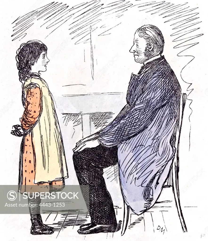 The Girl and the Headmaster, 1873, interior; at home; young and old; chair; sitting, listening; alert; all ears; aware; interested; mindful; observant; regardful; studious; watchful