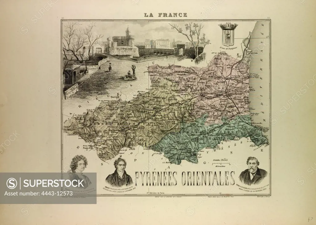 MAP OF PYRNES ORIENTALES, 1896, FRANCE