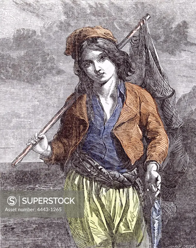 Napolitan fisher boy by G.F. Hurlstone, 1855, Napoli; Italy; fishing; fish; net; sea; Idilic; rural life; outdoors; the catch; health; food; idyllic; natural, rustic; simple; arcadian; charming; ideal; heavenly; unspoiled