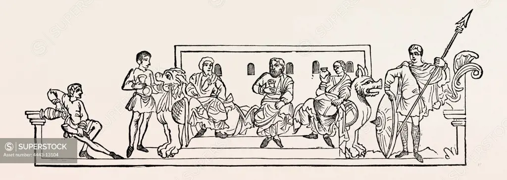 APRIL was 'Oster-monath,' because the wind generally blew from the east during this month. The woodcut appears to represent three thegns celebrating a feast by quaffing ale from their drinking-horns. On the right is an armed guard with a long spear, and on the left are two servitors. The bench on which the three worthy thegns are seated is adorned with two sculptures of formidable-looking animals.