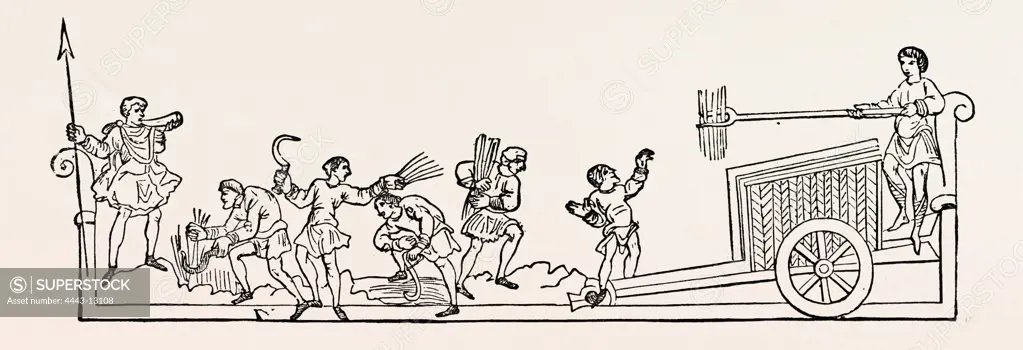 AUGUST was by the English called 'Arn-monath,' or 'Barn-monath,' meaning harvest-month. The instruments which appear in the woodcut do not seem to differ much from those used at the present day. To the left appears a man sounding a horn, with a spear in his right hand. Whether he is superintending the labourers, or is one of a hunting party entering the field, it is hard to decide. The sheaves are being lifted by a fork into a cart, or wagon, of tolerably good construction.
