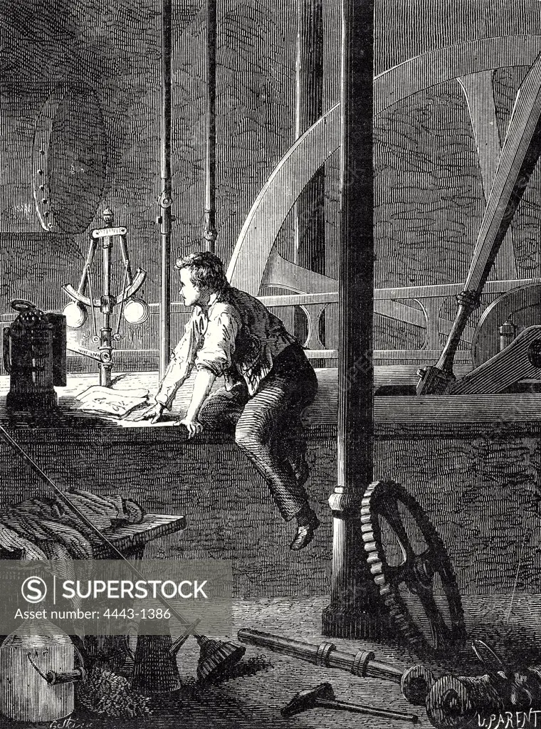 George Stephenson disassembles and repairs his steam engine in Newcastle
