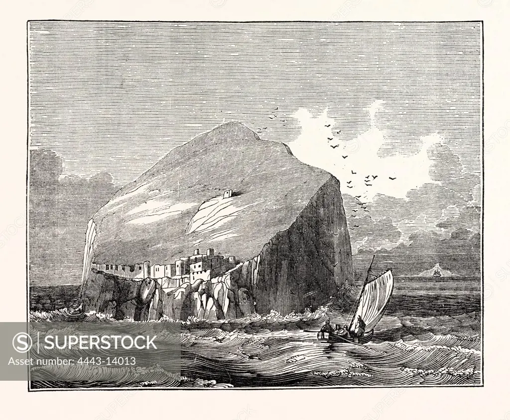 View of the Bass Rock, which lies at the mouth of the Frith of Forth, at the distance of about a mile and a half from the coast of East Lothian.