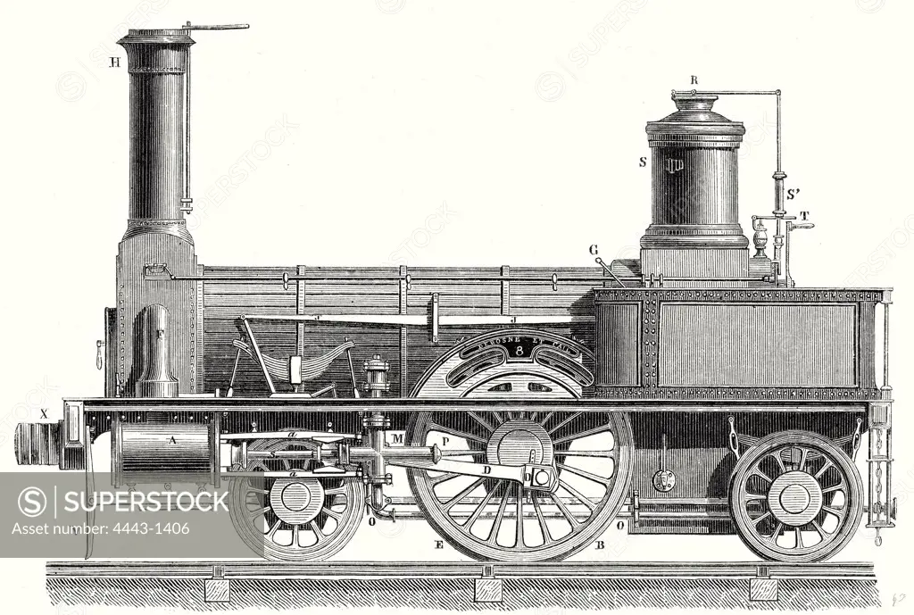 Sideview of a locomotive showing the mechanism of the engine