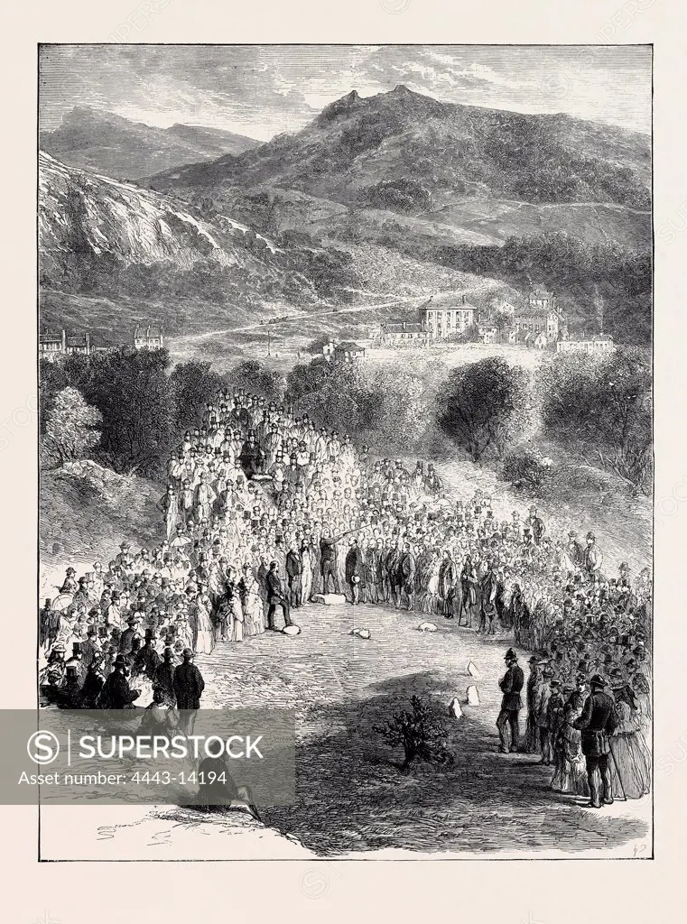 THE PORTMADOC EISTEDDFOD, INITIATION OF SIR W.W. WYNN AS AN OVATE AT THE MEETING OF THE GORSEDD EYRI, 1872 engraving