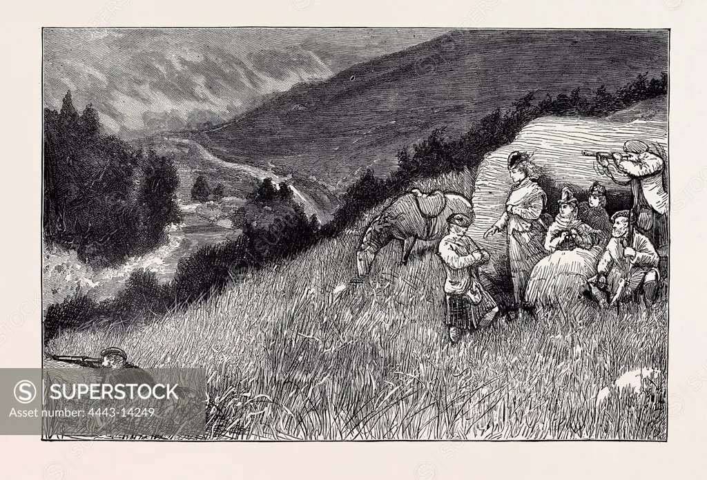 THE PRINCE OF WALES AT BLAIR ATHOLE, THE ROYAL PARTY WATCHING FOR THE DEER, 1872 engraving