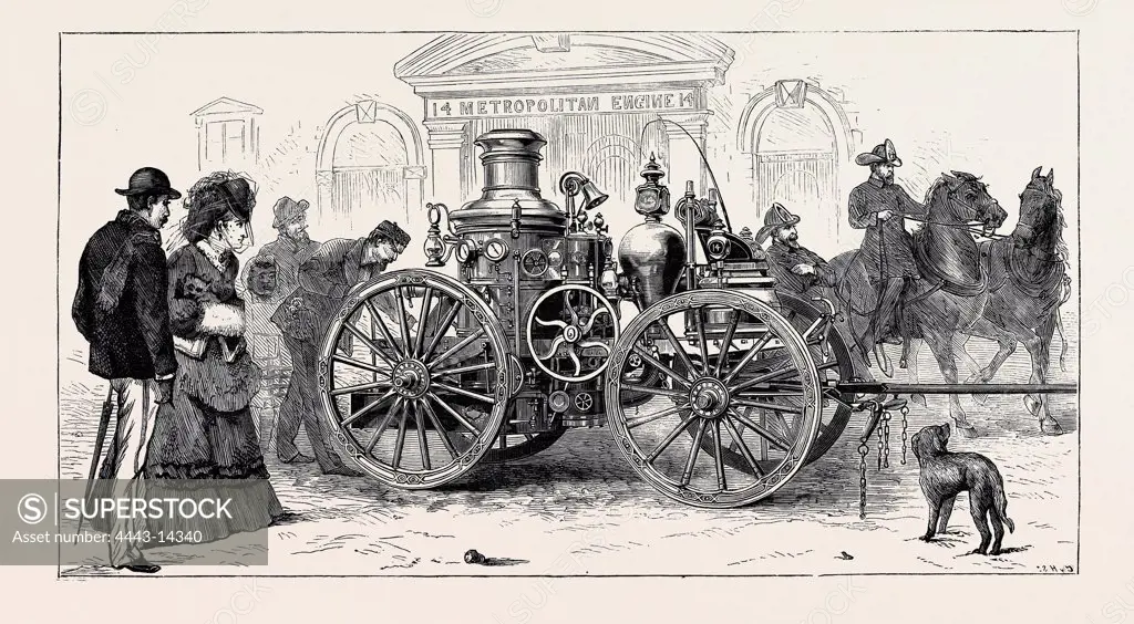 AN AMERICAN STEAM FIRE ENGINE, 1872 engraving
