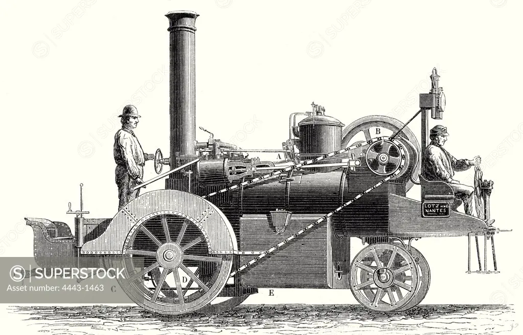 Traction engine, or steam car, invented by M. Lotz from Nantes