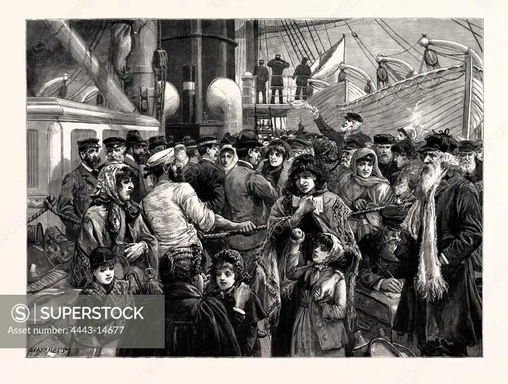 THE EMIGRATION OF THE RUSSIAN JEWS, THE DOCTOR EXAMINING STEERAGE PASSENGERS BEFORE THEIR DEPARTURE FROM LIVERPOOL; A SCENE ON BOARD THE GUION LINER 'WISCONSIN,' IN THE MERSEY