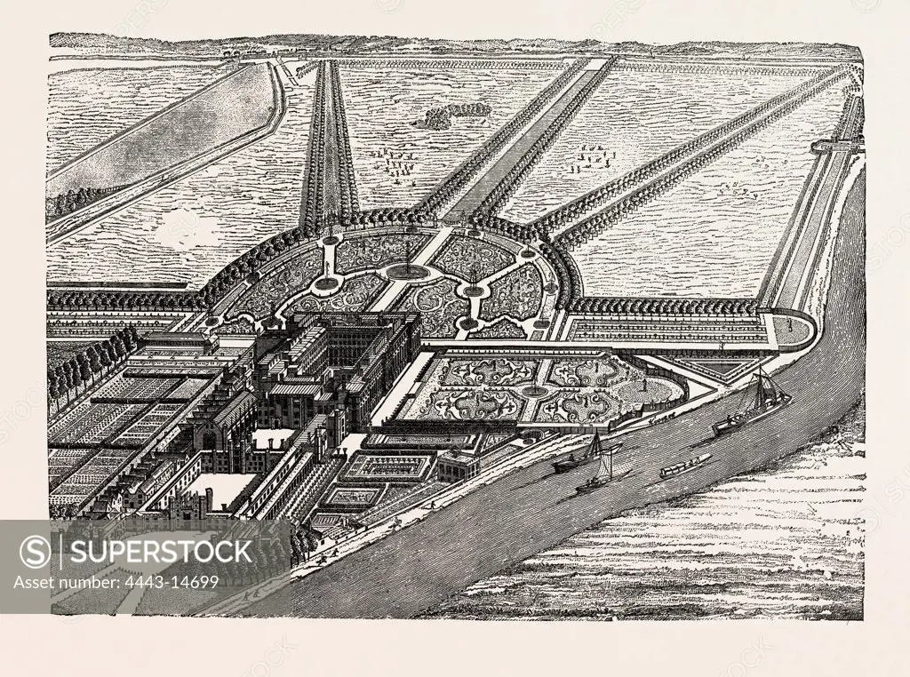 BIRD'S-EYE VIEW OF HAMPTON COURT AS FINISHED BY WILLIAM III