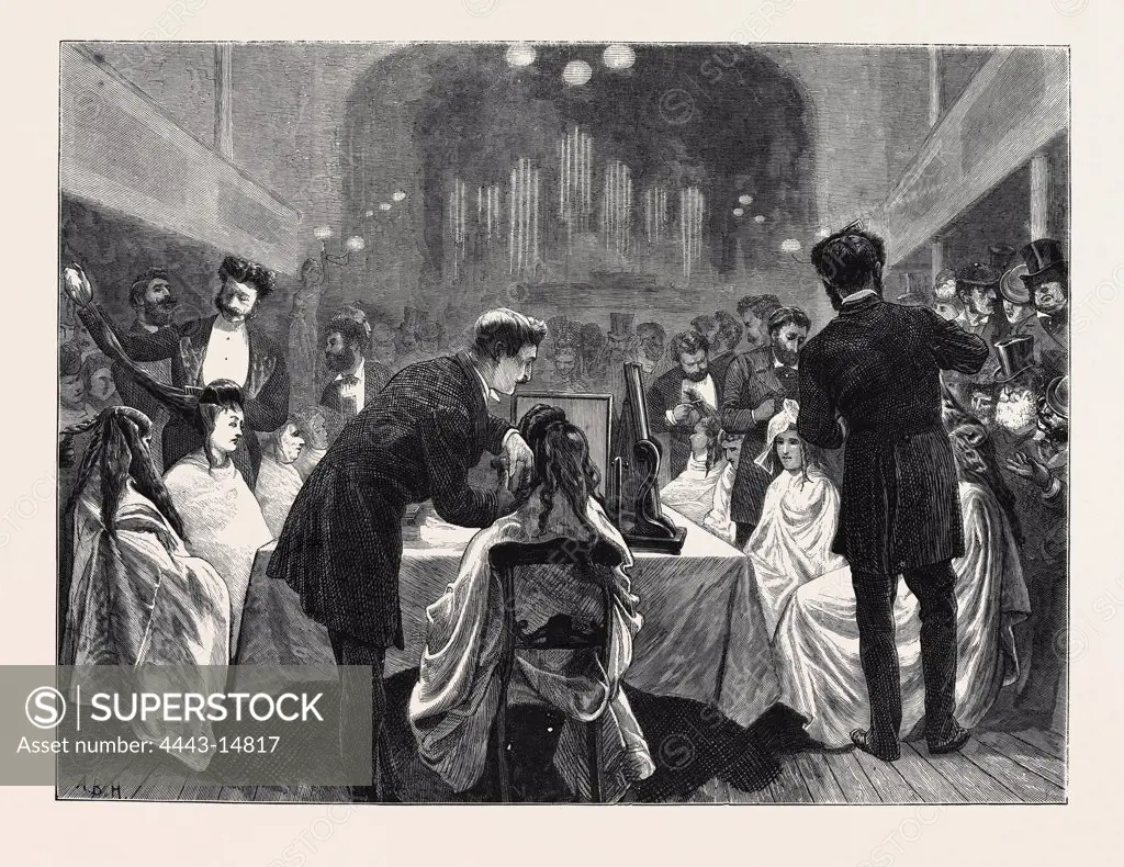A HAIR-DRESSING EXHIBITION, 1872 engraving