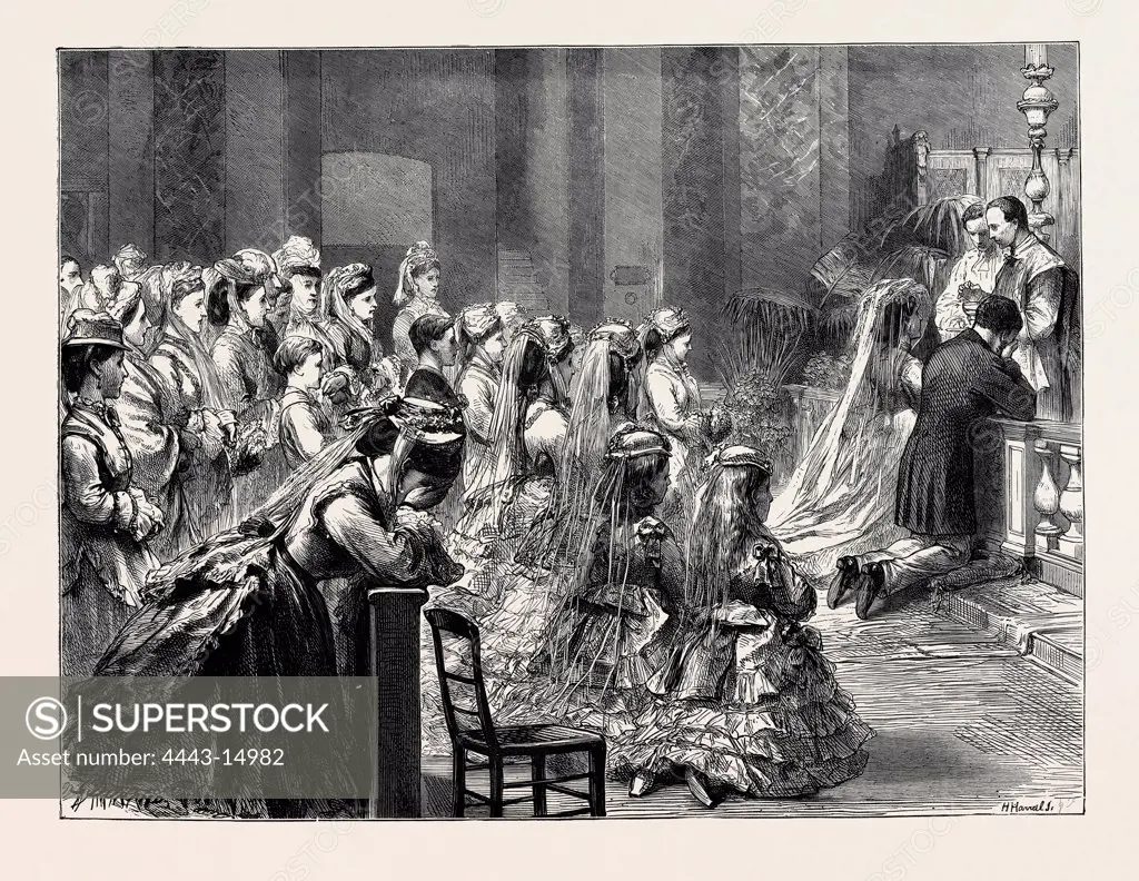 THE MARRIAGE OF THE MARQUIS OF BUTE AT THE ORATORY, BROMPTON, 1872 engraving