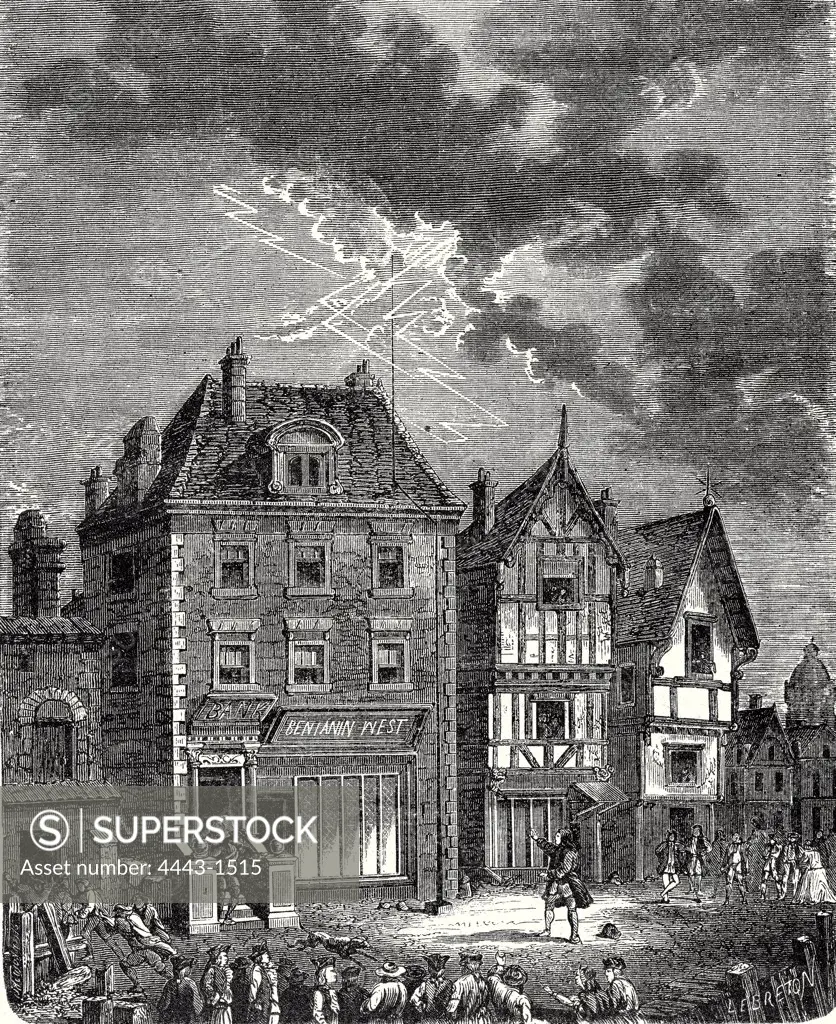 The first lightning rod created by Franklin in Philadelphia, located on the roof of the house of Benjamin West, is hit by lightning