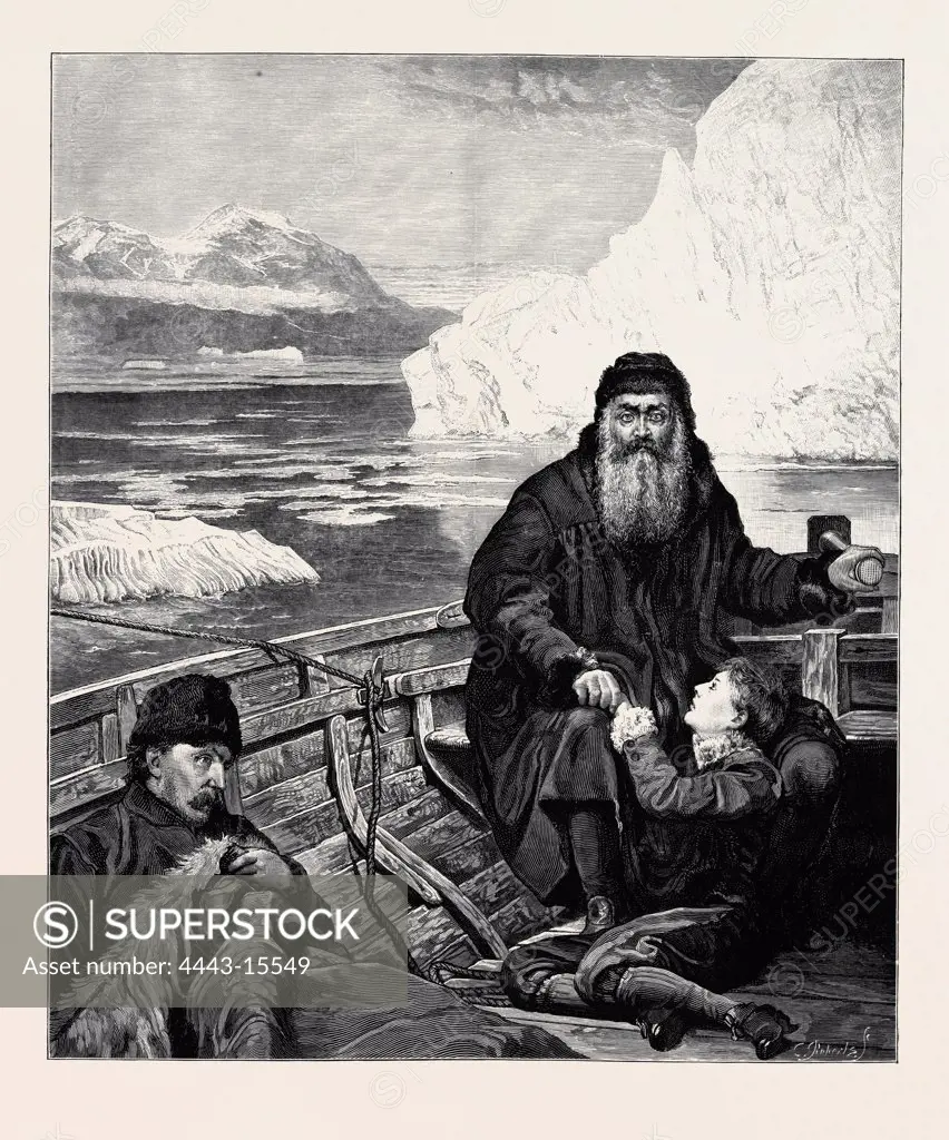 'THE LAST VOYAGE OF HENRY HUDSON' FROM THE PICTURE BY JOHN COLLIER; HENRY HUDSON, THE GREAT NAVIGATOR, MADE HIS LAST VOYAGE TO THE POLAR SEAS IN 1610. IN THE SUMMER OF 1611 HIS CREW MUTINIED AND SET HIM ADRIFT IN AN OPEN BOAT WITH HIS SON, JOHN HUDSON, AND SOME OF THE MOST INFIRM OF THE SAILORS. THEY WERE NEVER HEARD OF MORE.