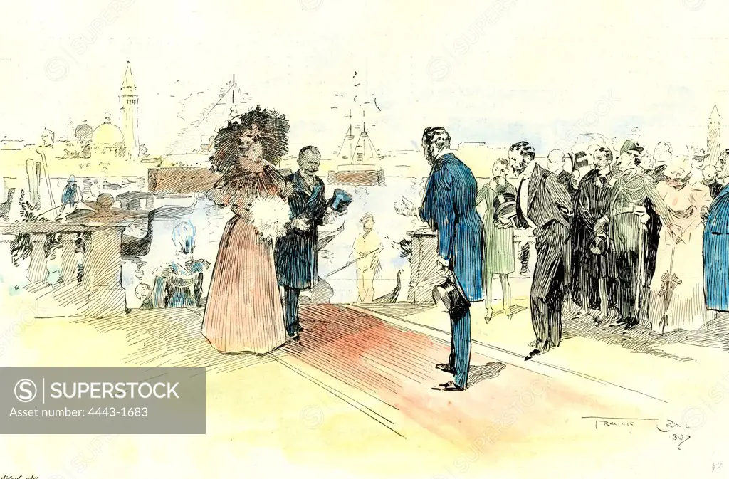 Venice, 1897. Opening of the Venice international art exhibition. Arrival of the prince and princess of Naples. Italy