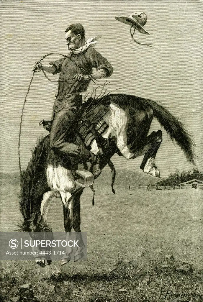 A Bronco Buster riding a Bucking Horse, 1891, USA
