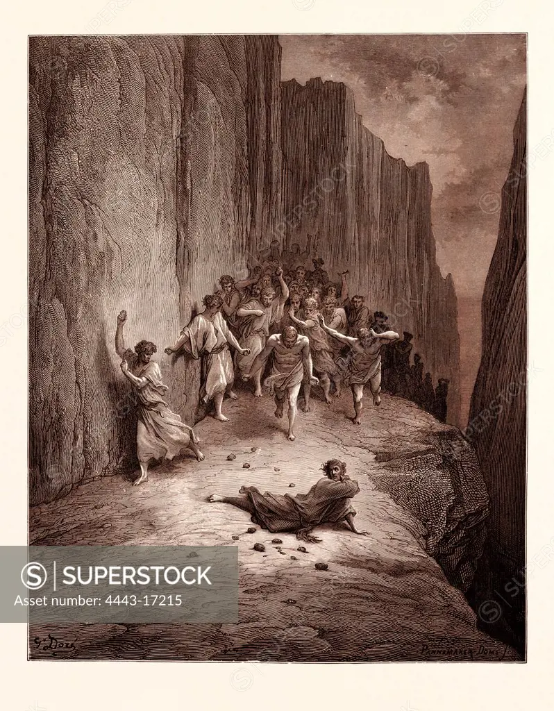 THE MARTYRDOM OF ST. STEPHEN, BY GUSTAVE DOR.  Dore, 1832 - 1883, French. Engraving for the Purgatorio by Dante. Art, Artist, romanticism, colour, color engraving