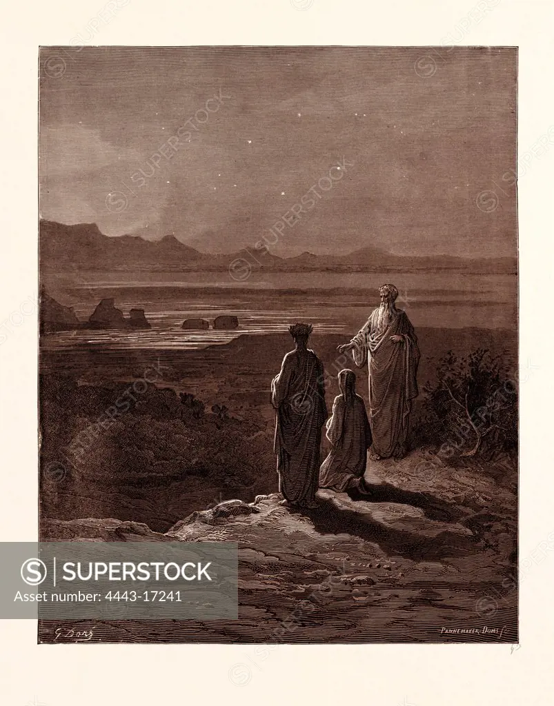 DANTE, VIRGIL, AND CATO OF UTICA, BY GUSTAVE DORE, 1832 - 1883, French. Engraving for the Purgatorio by Dante. Wood engraving by Pannemaker and Doms after Gustave Dore, with signatures in the print, 1870,  Art, Artist, romanticism, colour, color engraving