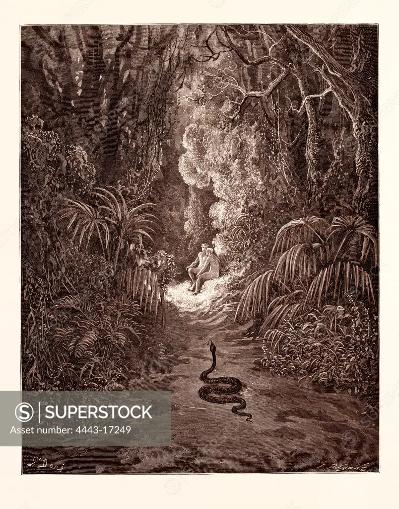 THE FIRST APPROACH OF THE SERPENT, BY GUSTAVE DOR. Dore, 1832 - 1883, French. Engraving for Paradise Lost by Milton. Wood engraving by Dumont after Gustave Dore, with signatures in the print. romanticism, colour, color engraving