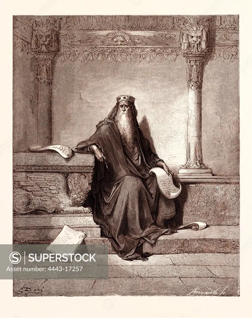 SOLOMON, BY GUSTAVE DOR. Gustave Dore, 1832 - 1883, French. Engraving for the Bible. Wood engraving by Adolphe Gusmand after Gustave Dore, with signatures in the print. 1870, Art, Artist, holy book, religion, religious, christianity, christian, romanticism, colour, color engraving