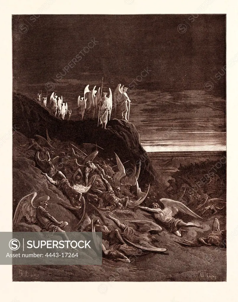 THE WAR IN HEAVEN, BY GUSTAVE DOR. Gustave Dore, 1832 - 1883, French. Engraving for Paradise Lost by Milton. Wood engraving by A. Ligny after Gustave Dore, with signatures in the print. romanticism, colour, color engraving
