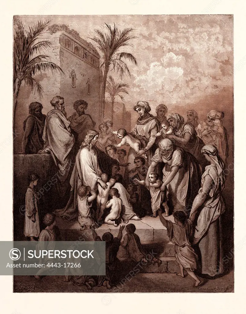 JESUS BLESSING THE CHILDREN, BY GUSTAVE DOR. Gustave Dore, 1832 - 1883, French. Engraving for the Bible. 1870, Art, Artist, holy book, religion, religious, christianity, christian, romanticism, colour, color engraving