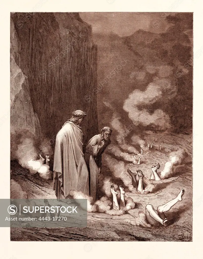 THE PUNISHMENT OF SIMONISTS, BY GUSTAVE DOR. Gustave Dore, 1832 - 1883, French. Engraving for The Divine Comedy, Divina Commedia, by Dante. 1870, Art, Artist, romanticism, colour, color engraving