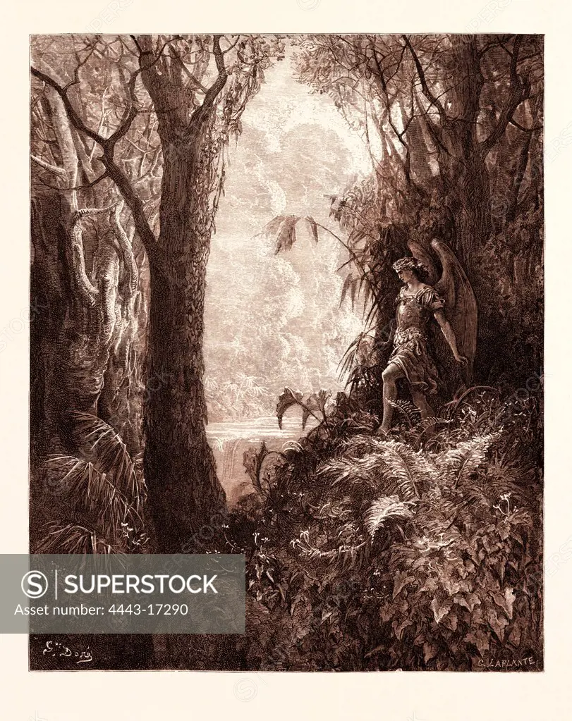 SATAN IN PARADISE, BY GUSTAVE DOR. Gustave Dore, 1832 - 1883, French. Engraving for Paradise Lost by Milton. 1870, Art, Artist, romanticism, colour, color engraving