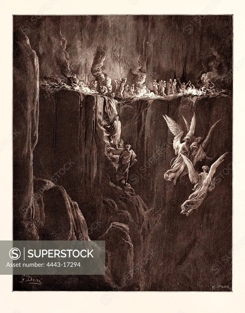 THE Perilous Pass on the eight cornice of Purgatory, BY GUSTAVE DOR. Gustave Dore, 1832 - 1883, French. Engraving for the Purgatorio or Purgatory by Dante Alighieri. 1870, Art, Artist, romanticism, colour, color engraving