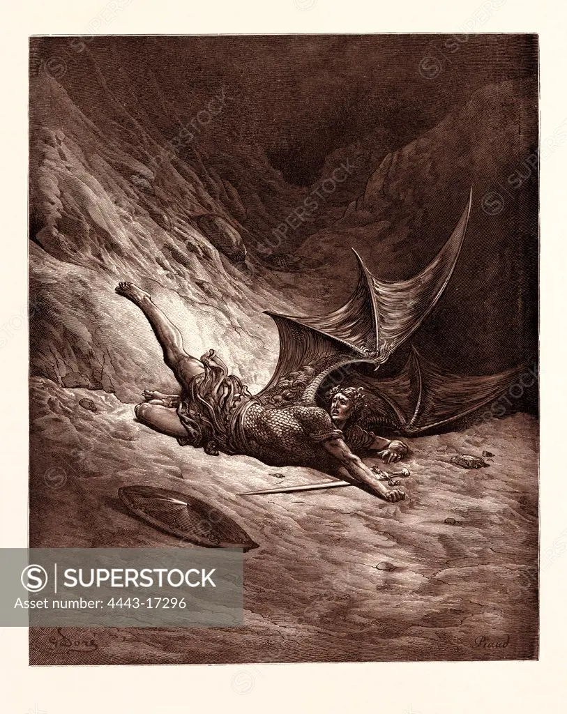 SATAN SMITTEN BY MICHAEL, BY GUSTAVE DOR. Gustave Dore, 1832 - 1883, French. Engraving for Paradise Lost by Milton. 1870, Art, Artist, romanticism, colour, color engraving