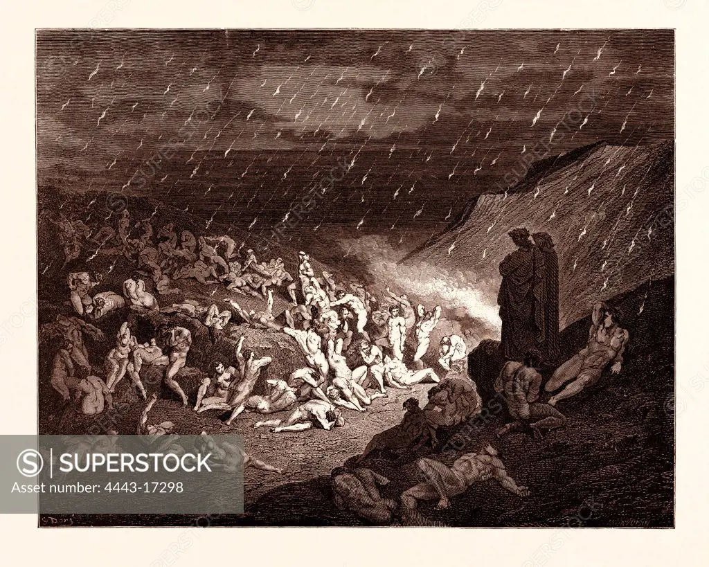 THE TORTURE OF THE FIERY RAIN, BY GUSTAVE DOR. Gustave Dore, 1832 - 1883, French. Engraving for The Divine Comedy, Divina Commedia, by Dante Alighieri. 1870, Art, Artist, romanticism, colour, color engraving.