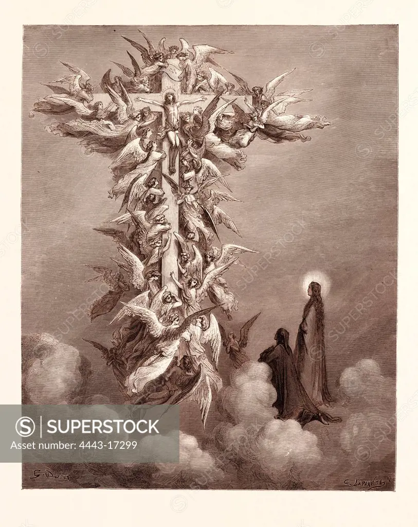 THE VISION OF THE CROSS, BY GUSTAVE DOR. Gustave Dore, 1832 - 1883, French. Engraving for the Purgatorio or Purgatory by Dante Alighieri. 1870, Art, Artist, romanticism, colour, color engraving.