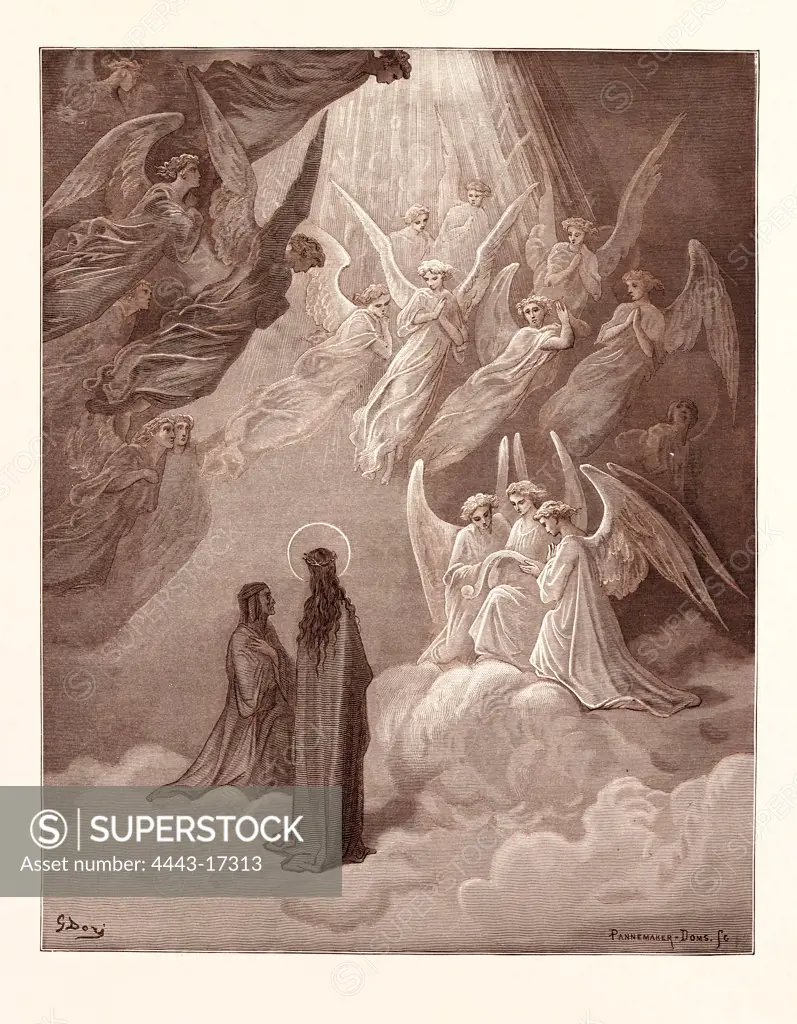 THE SINGING OF THE BLESSED IN THE SIXTH HEAVEN, BY GUSTAVE DOR. Dore, 1832 - 1883, French. Engraving for The Divine Comedy, Divina Commedia, by Dante Alighieri. 1870, Art, Artist, romanticism, colour, color engraving,