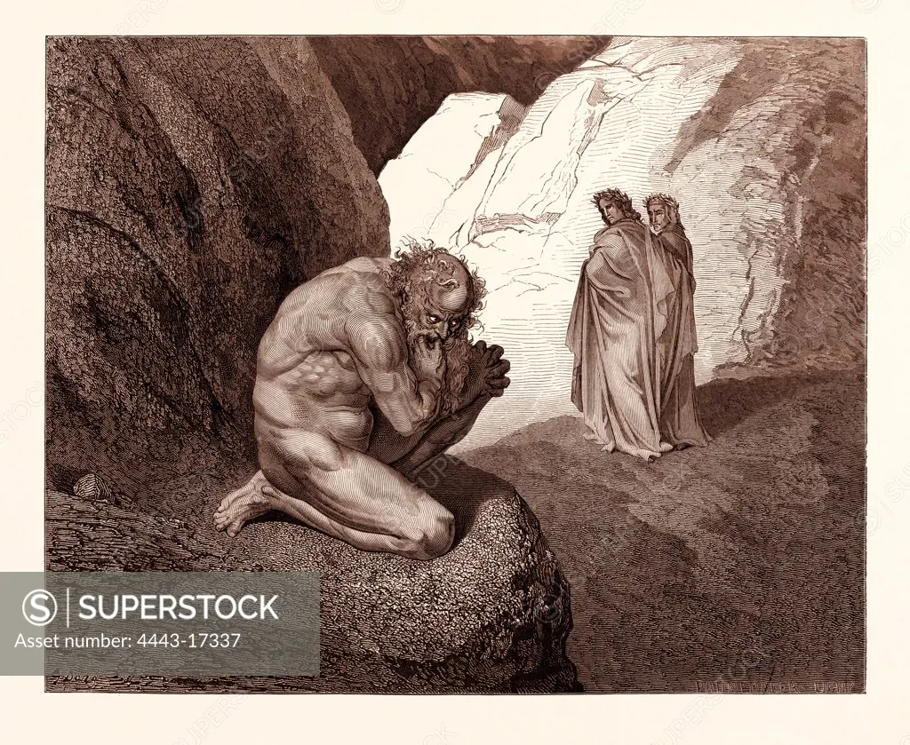 DANTE AND VIRGIL MEET PLUTUS, BY GUSTAVE DOR. Dore, 1832 - 1883, French. Engraving for the Divine Comedy or Divina Commedia by Dante Alighieri. 1870, Art, Artist, romanticism, colour, color engraving.