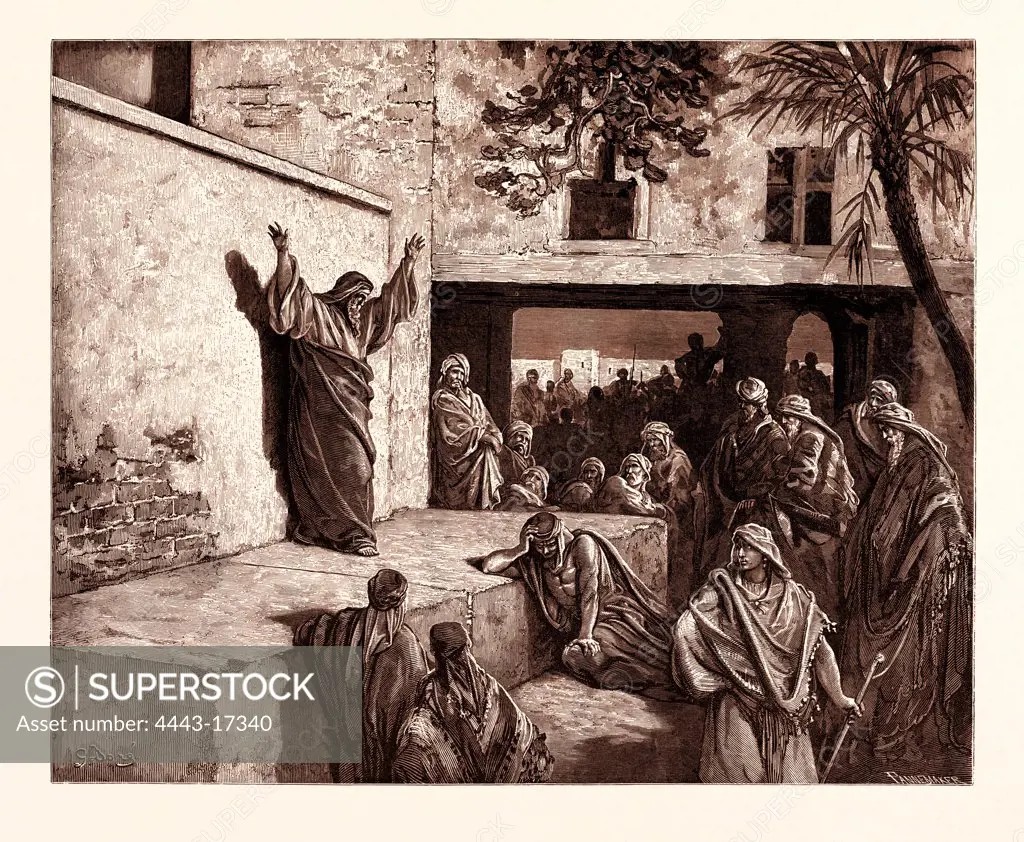 MICAH EXHORTING THE ISRAELITES, BY GUSTAVE DOR. Dore, 1832 - 1883, French. Engraving for the Bible. 1870, Art, Artist, holy book, religion, religious, christianity, christian, romanticism, colour, color engraving.